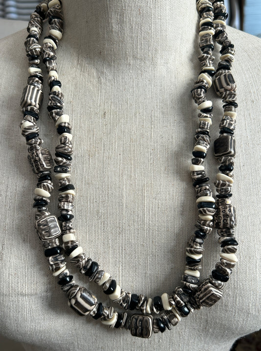 Vintage Black & White Tribal Art Beads Double Strand Necklace