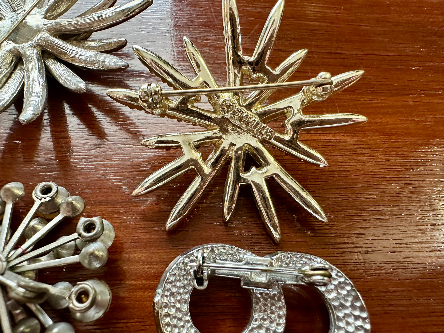 Vintage Silver Gold Tone Rhinestone Wreath Starburst Flower Brooch Lot Emmons AB