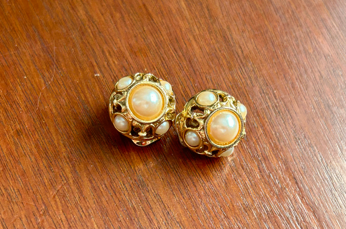 Vintage Gold Tone Faux Pearl Domed Clip On Earrings