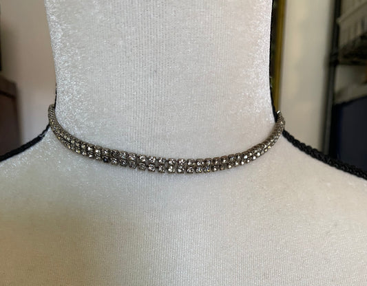 Vintage Silver Tone Two Strand Rhinestone Hook Clasps 7" Necklace Choker