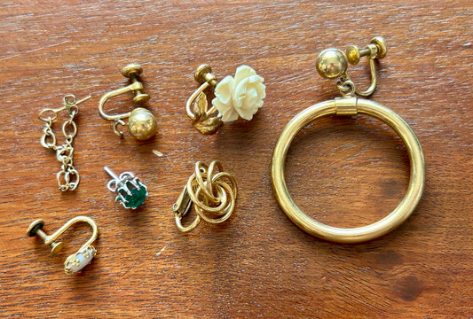 Vintage Lot of SINGLE Screwback Gold Filled Earrings Lot Opal Rhinestone Rose