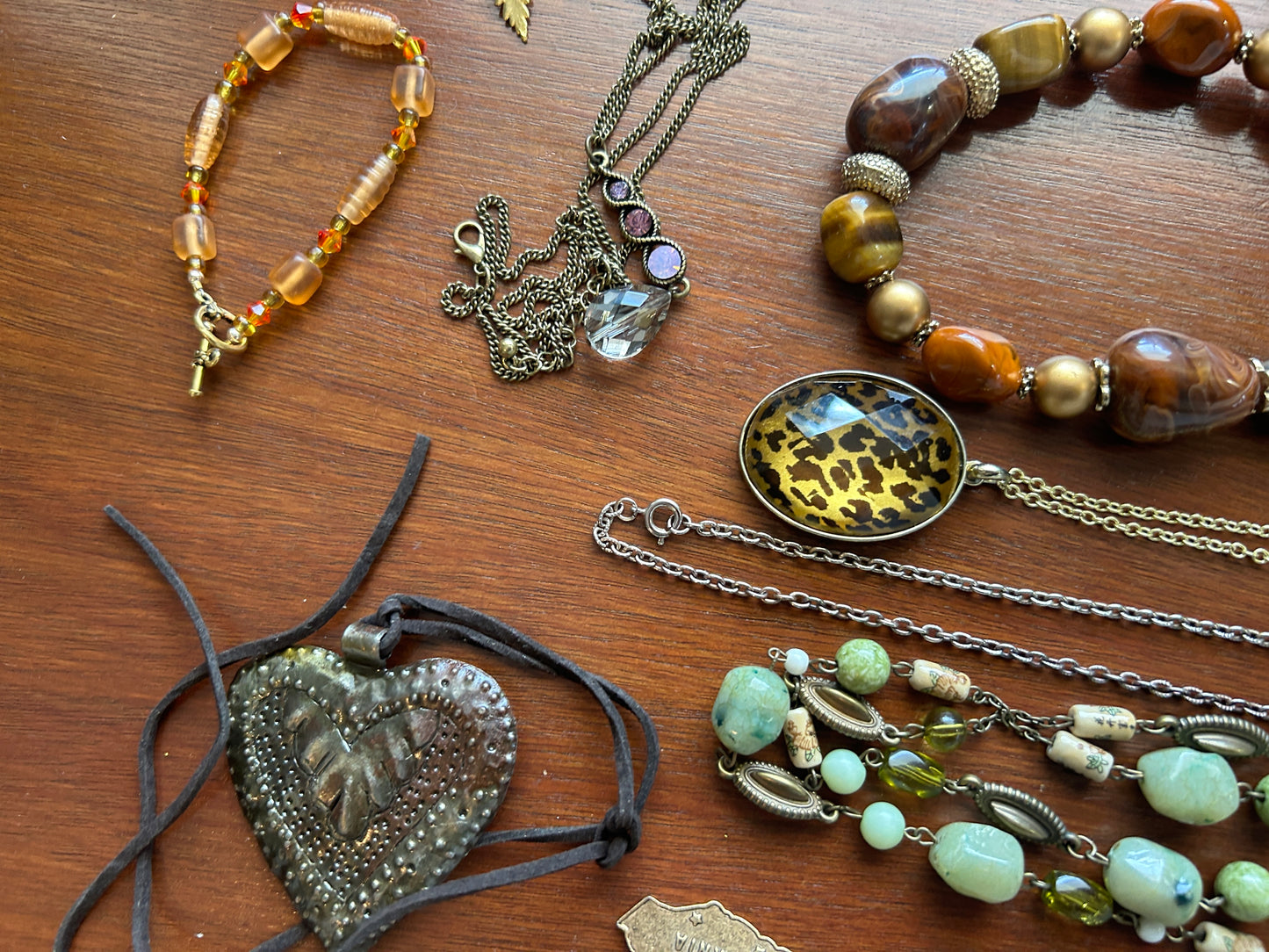 Vintage to Now Earth Tone Jewelry Lot Beads Pendants Leaf Gold Leaf Heart & More