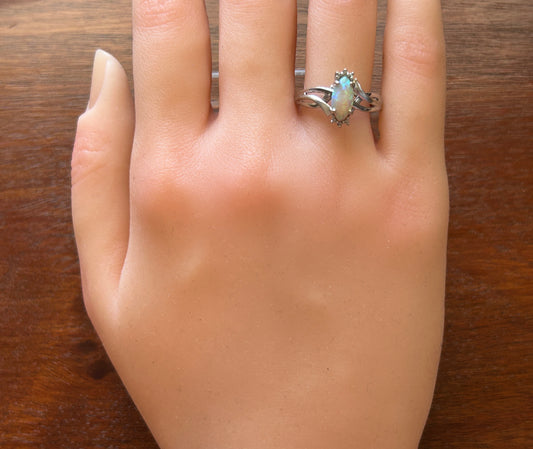 10k White Gold Marquise Opal Diamond Accent Ring Size 8
