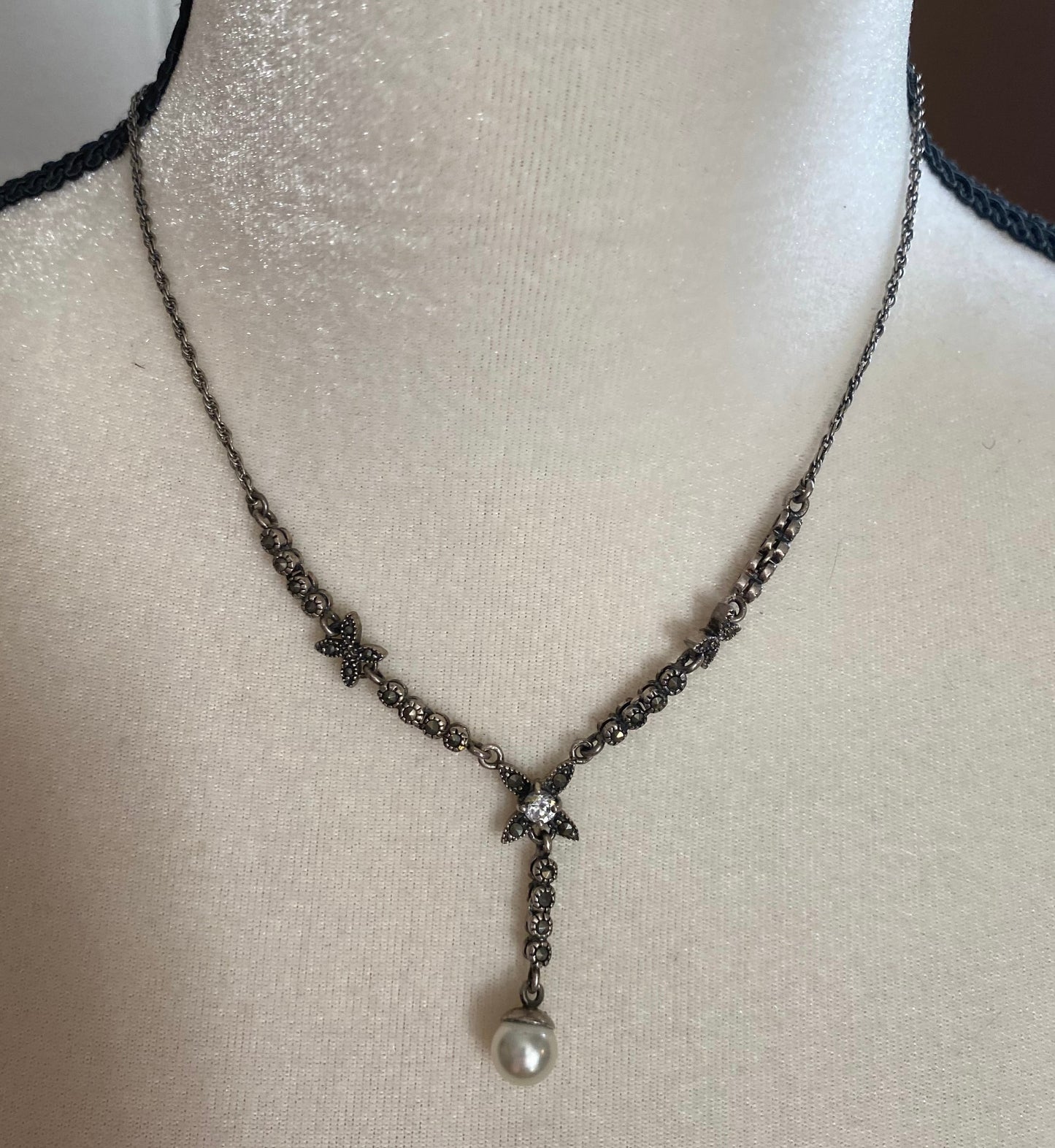 Sterling Silver 925 Pearl Marcasite Y Drop Chain Link Necklace