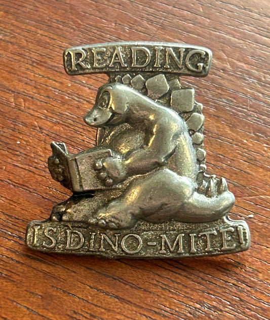 Vintage IFS "Reading is Dino-Mite" Silver Pewter Tone Dinosaur Lapel Pin Pinback
