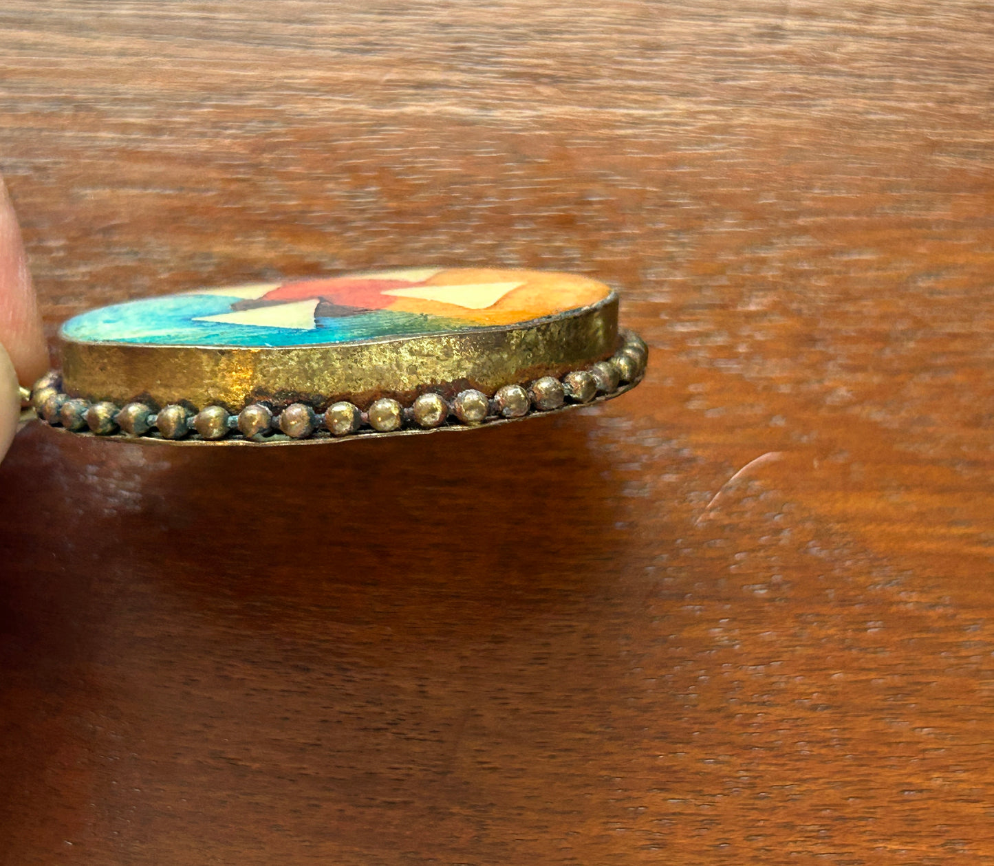Vintage Brass Tone Frame Mosaic Painted Geometric Necklace Pendant