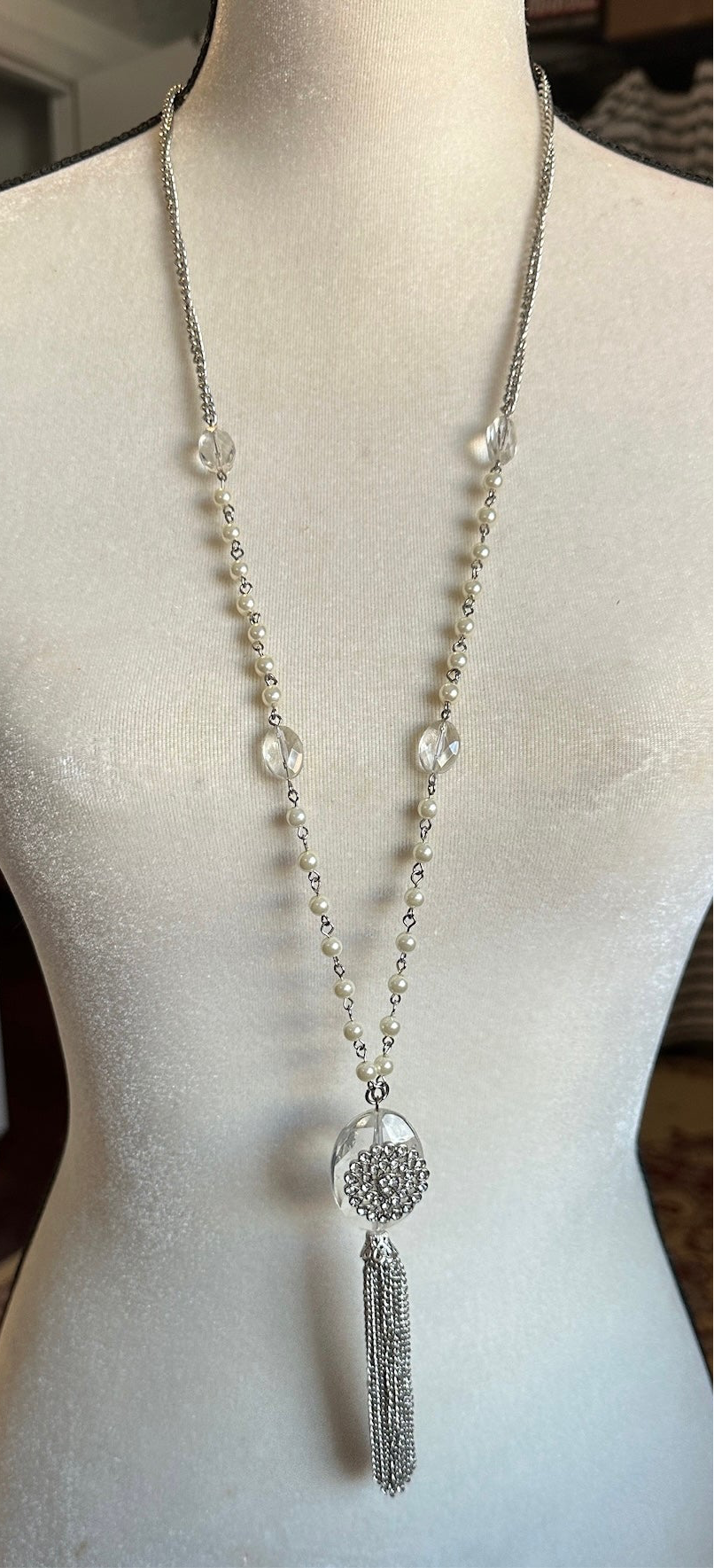 Silver Tone Chain Faux Pearl Rhinestone Opera Length Tassel Necklace
