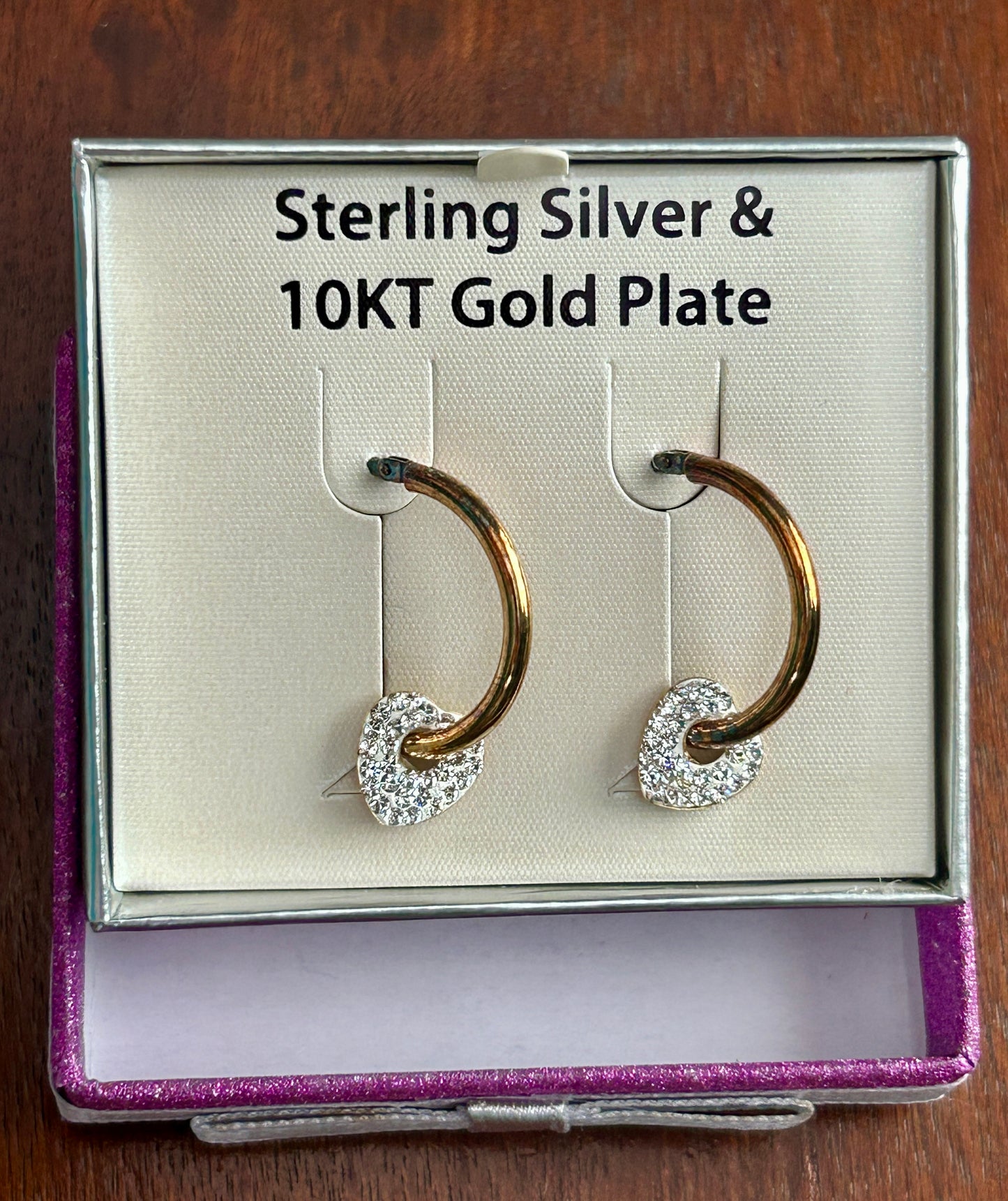 Sterling Silver 925 10k Gold Plate Heart Crystal Hoop Earrings Pierced