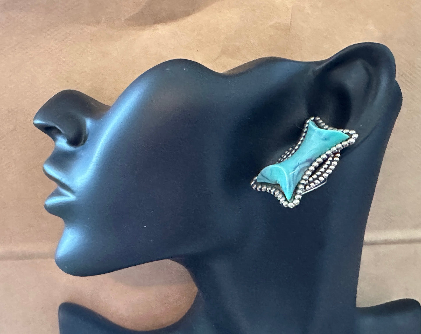 Vintage Silver Tone Faux Turquoise Large Western Southwestern Clip On Earrings