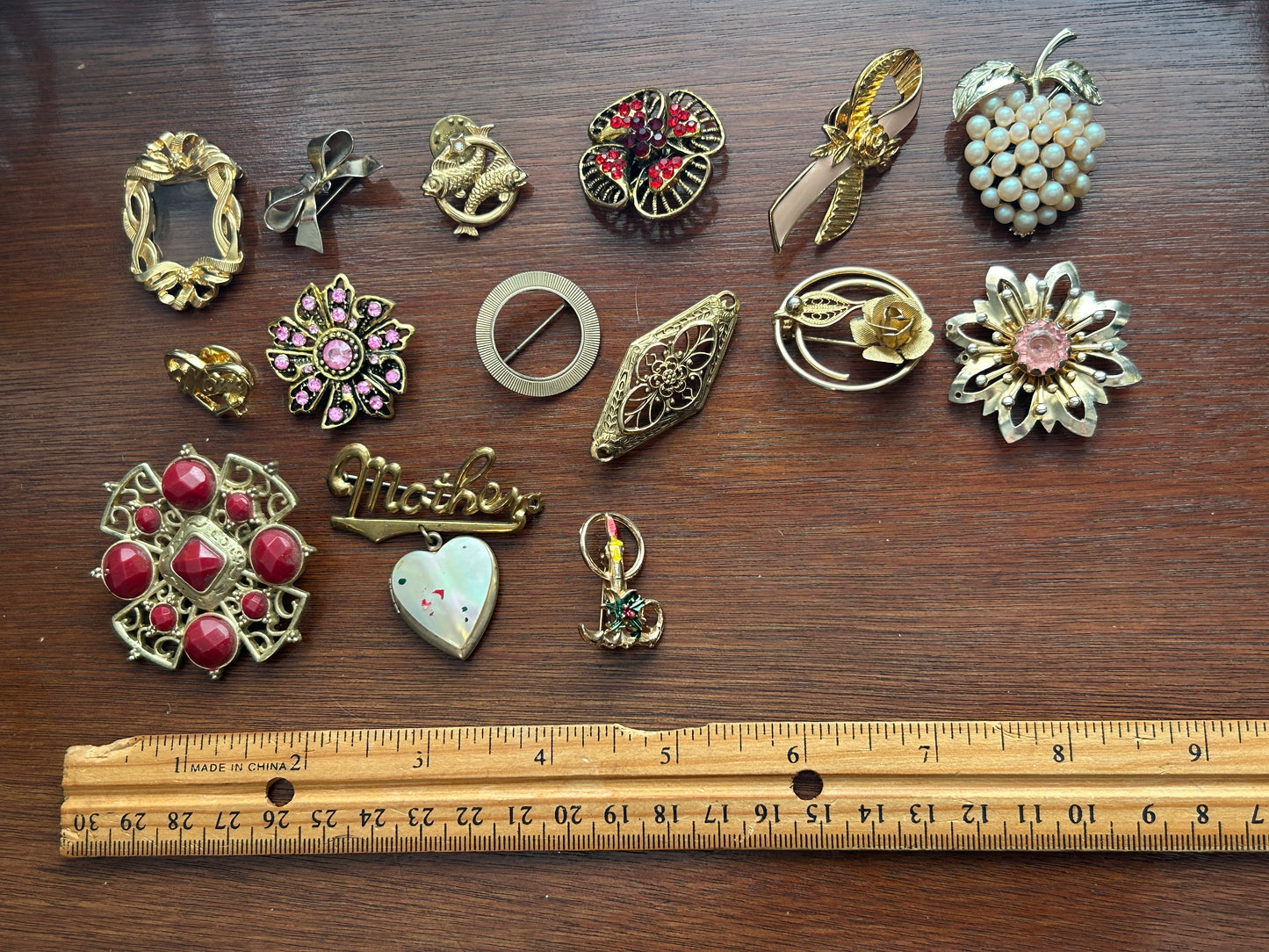 Vintage Brooch Pin Lot Faux Pearl Rhinestone Enamel Locket Gold Tone