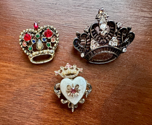 Vintage Crown Brooch Pin Lot Heraldry Coro Rhinestone Royal Heart Enamel