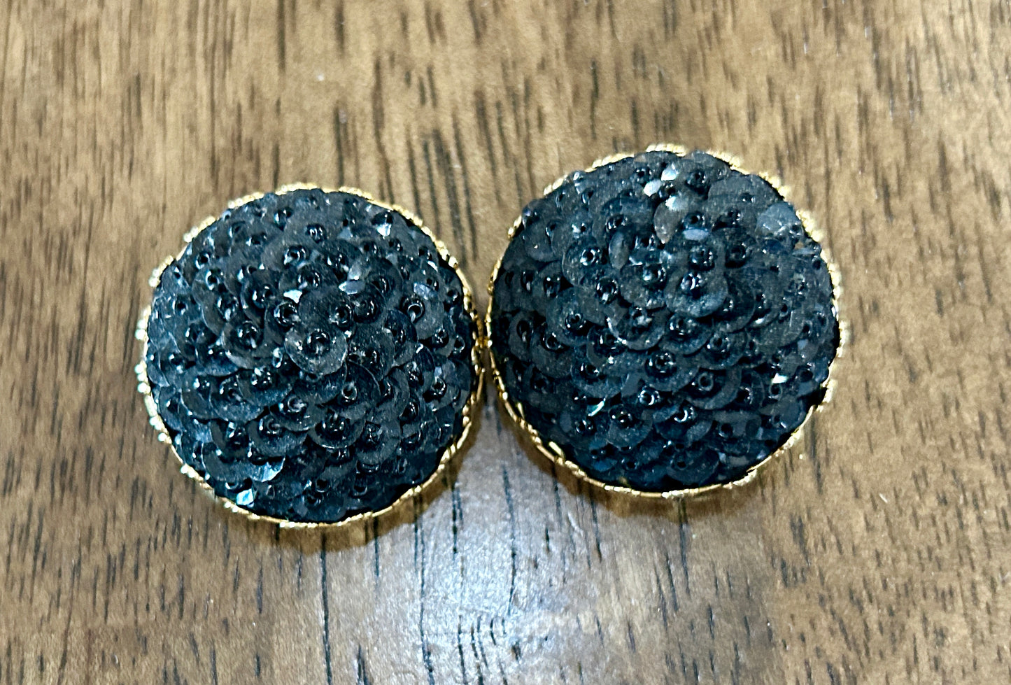 Vintage Gold Tone Domed Black Sequin Large Clip On Earrings