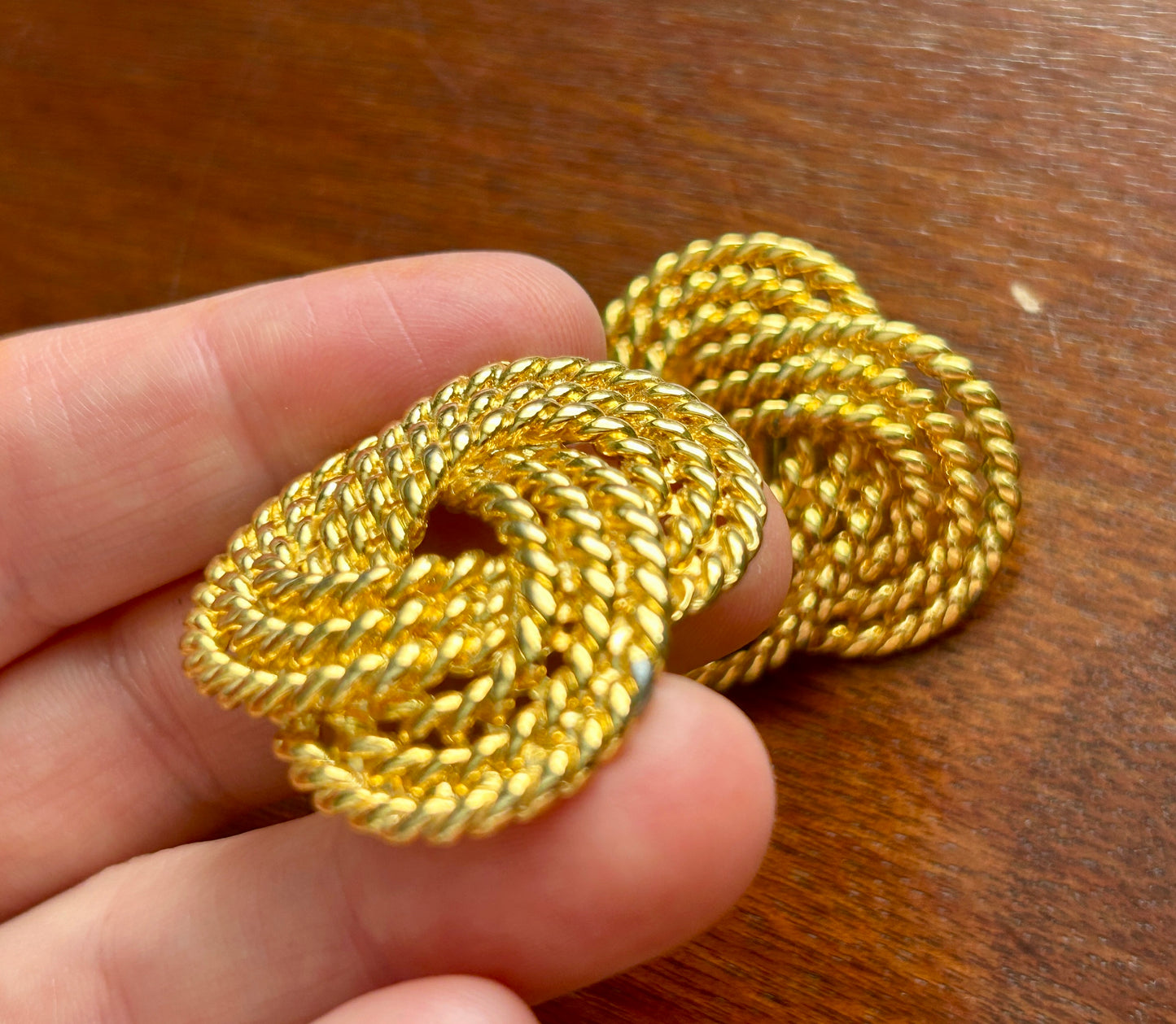 Vintage 80s Gold Tone Large Rope Knot Statement Mogul Pierced Earrings