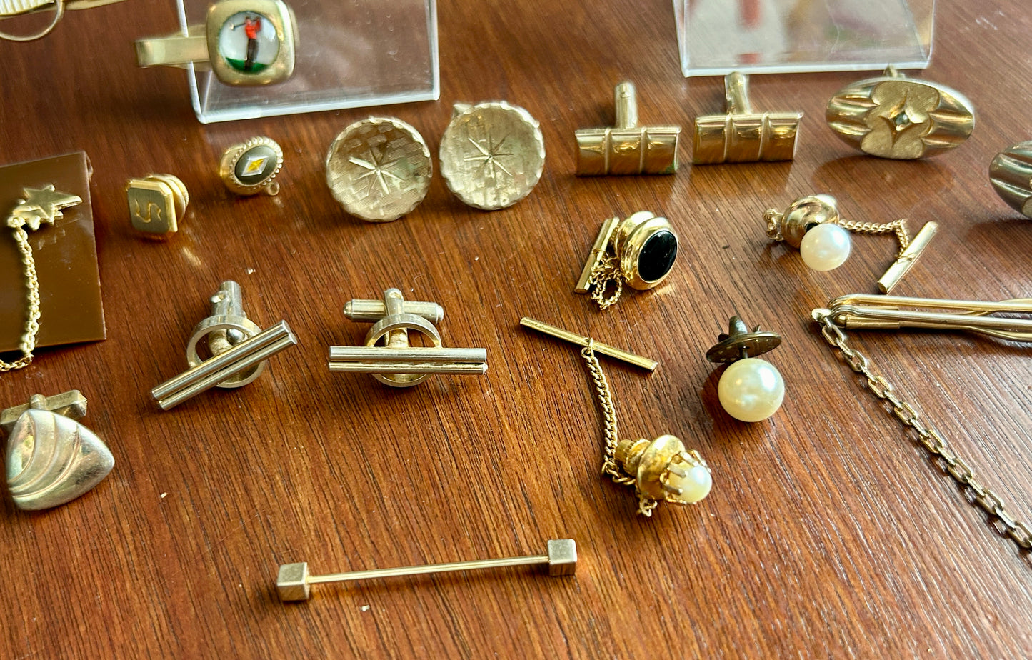 Vintage Gold Tone Cufflinks Tie Tack Clip Lot Lapis Golf Faux Pearl Sword Onyx