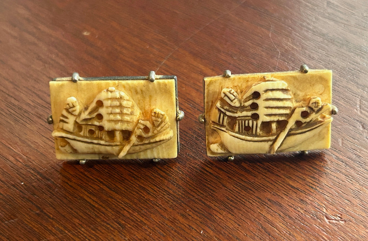 Vintage Midcentury Swank Carved Boat Cuff Links Gold Tone MCM