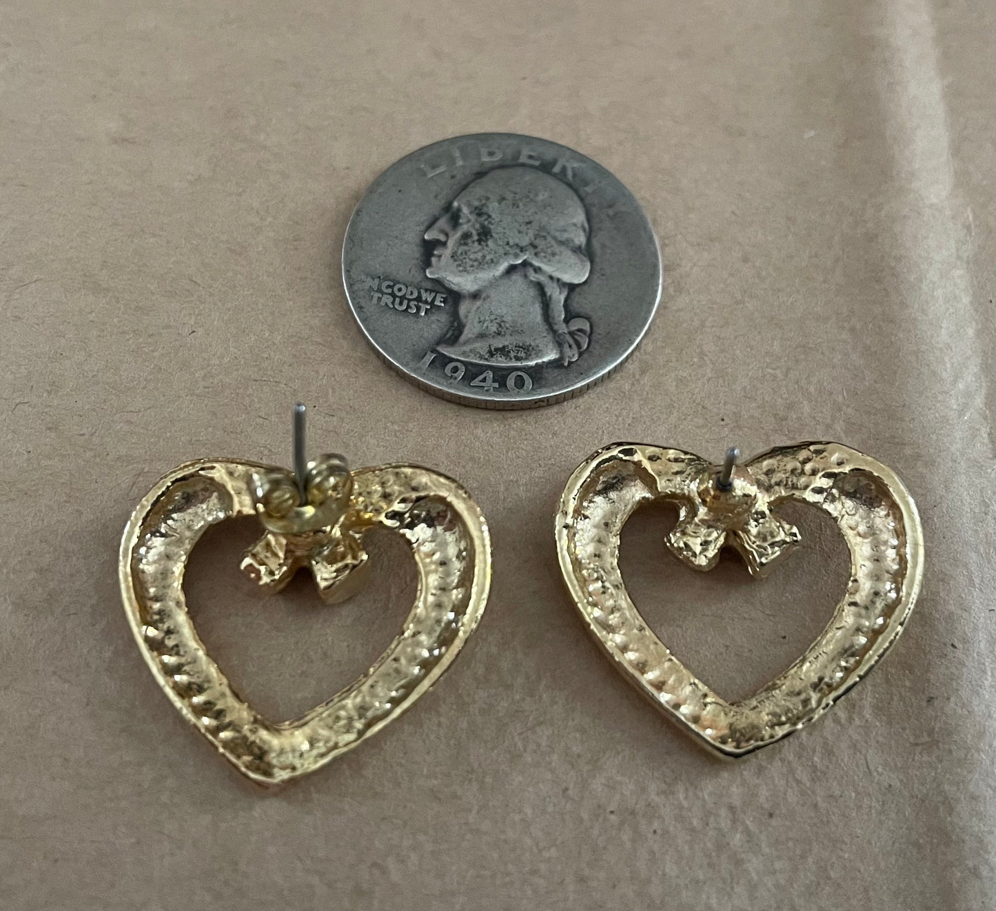 Vintage Gold Tone Rhinestone Heart Cutout Pierced Earrings