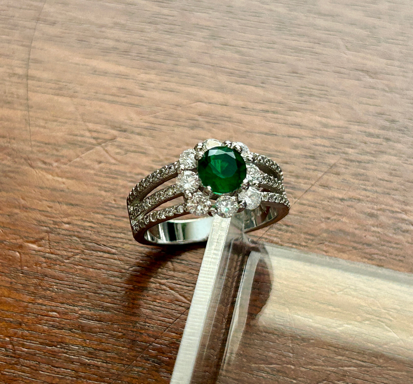 Sterling Silver 925 CZ Green White Faux Emerald Cluster Ring Sz 6.75