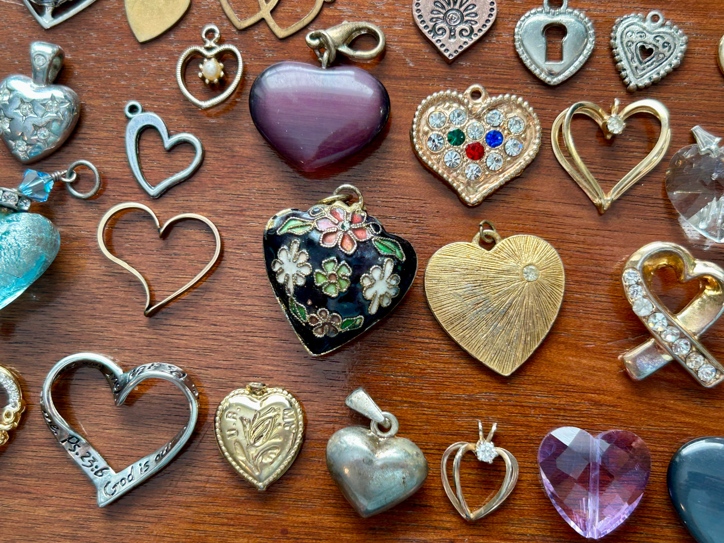 Vintage to Now Heart Shaped Pendant Charms Lot Gold Rhinestone Glass Puffy