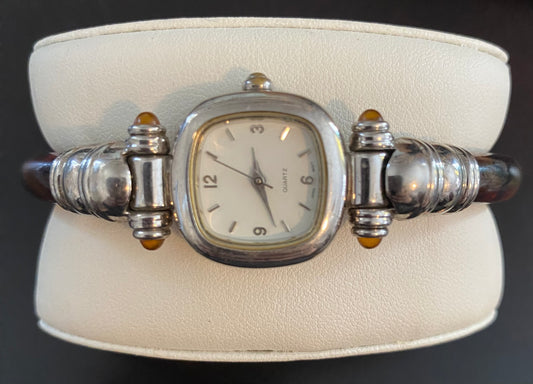 Vintage Quartz Womans Clamper Silver Tone Faux Amber Wristwatch