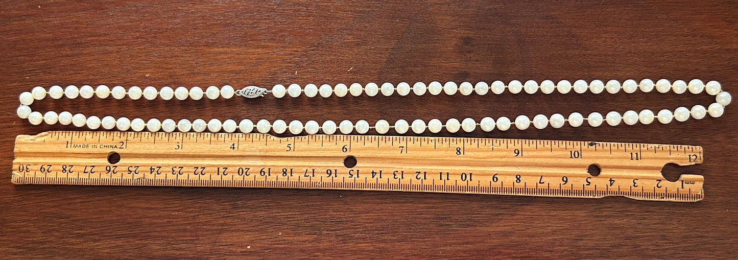 Vintage 6mm Real Pearl Single Strand Necklace 14k White Gold Clasp 25.5" Long