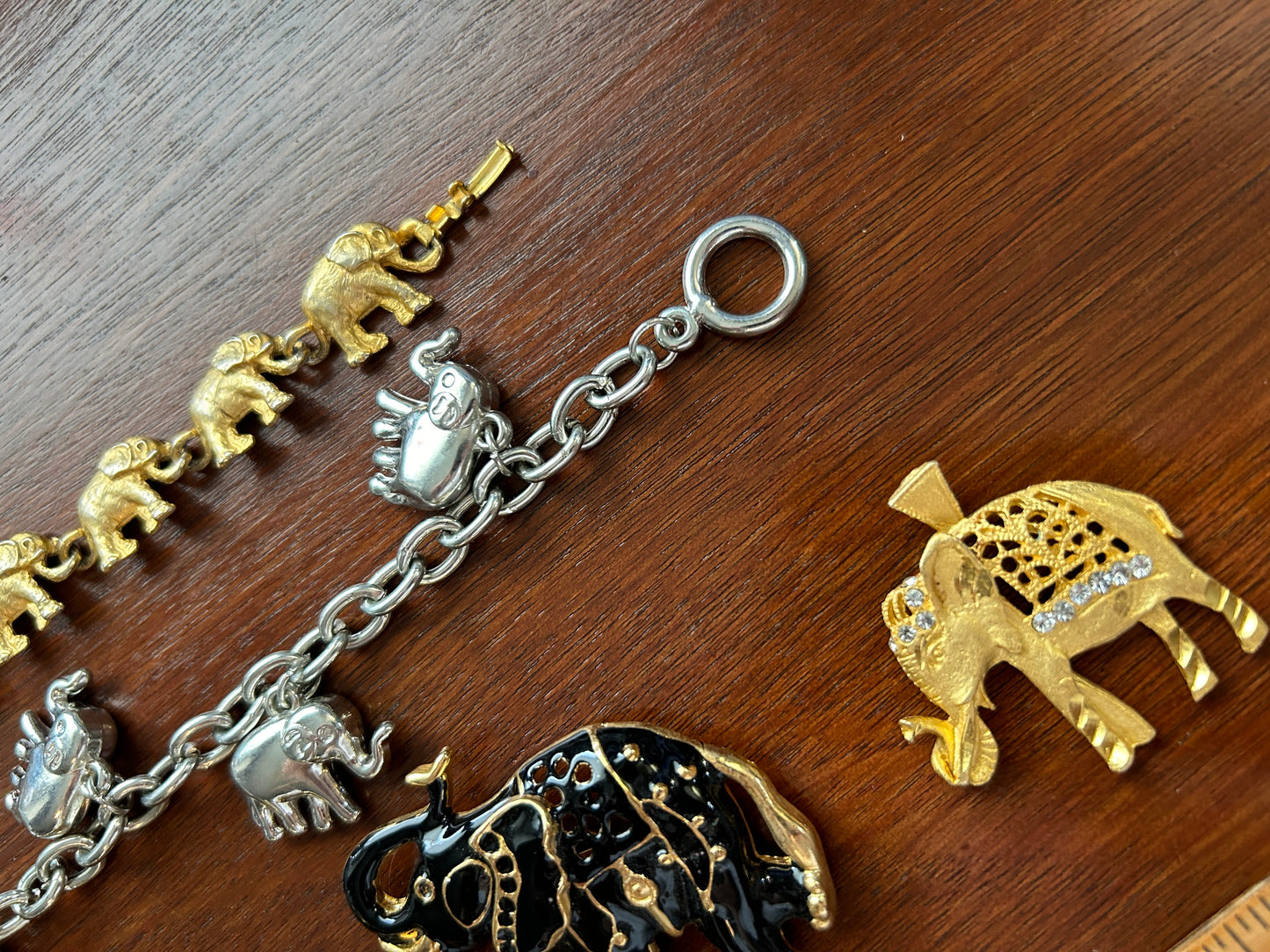 Vintage Elephant Animal Brooch Pin Bracelet  Lot Enamel Gold Tone Rhinestones