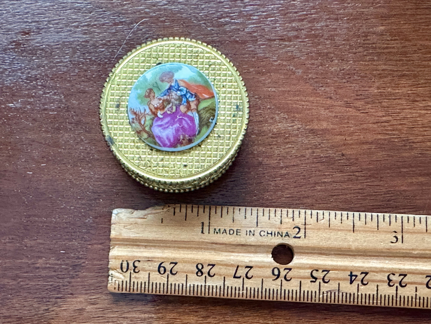 Vintage French Regency Gold Tone Painted Round Trinket Jewelry Box