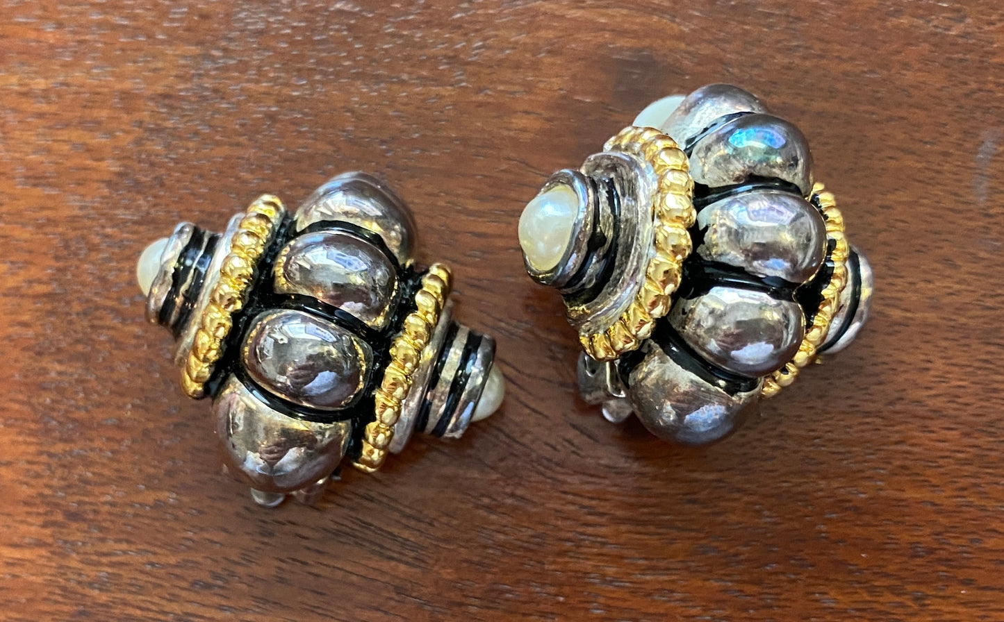 Vintage Katherine K Silver Gold Tone Faux Pearl Etruscan Clip on Earrings