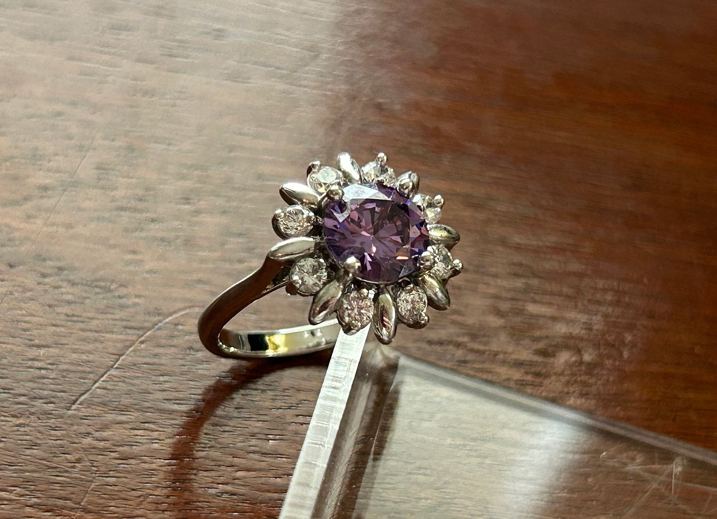 Silver Tone Purple White Rhinestone CZ Cluster Cocktail Fashion Ring S 6.75