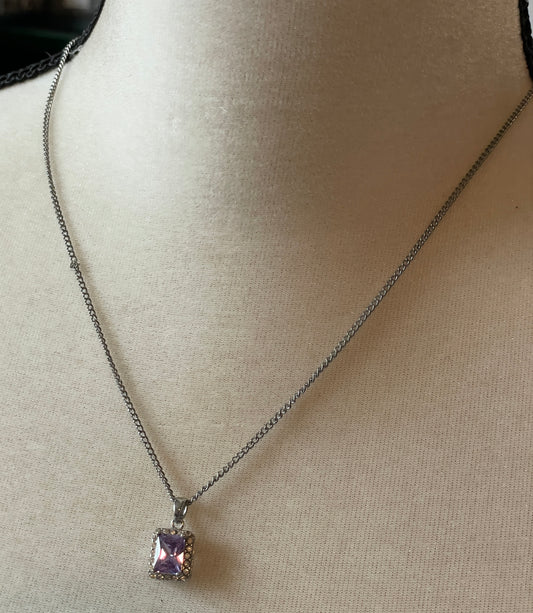 Vintage Silver Tone Chain Necklace  Square Cut Purple Rhinestone Pendant