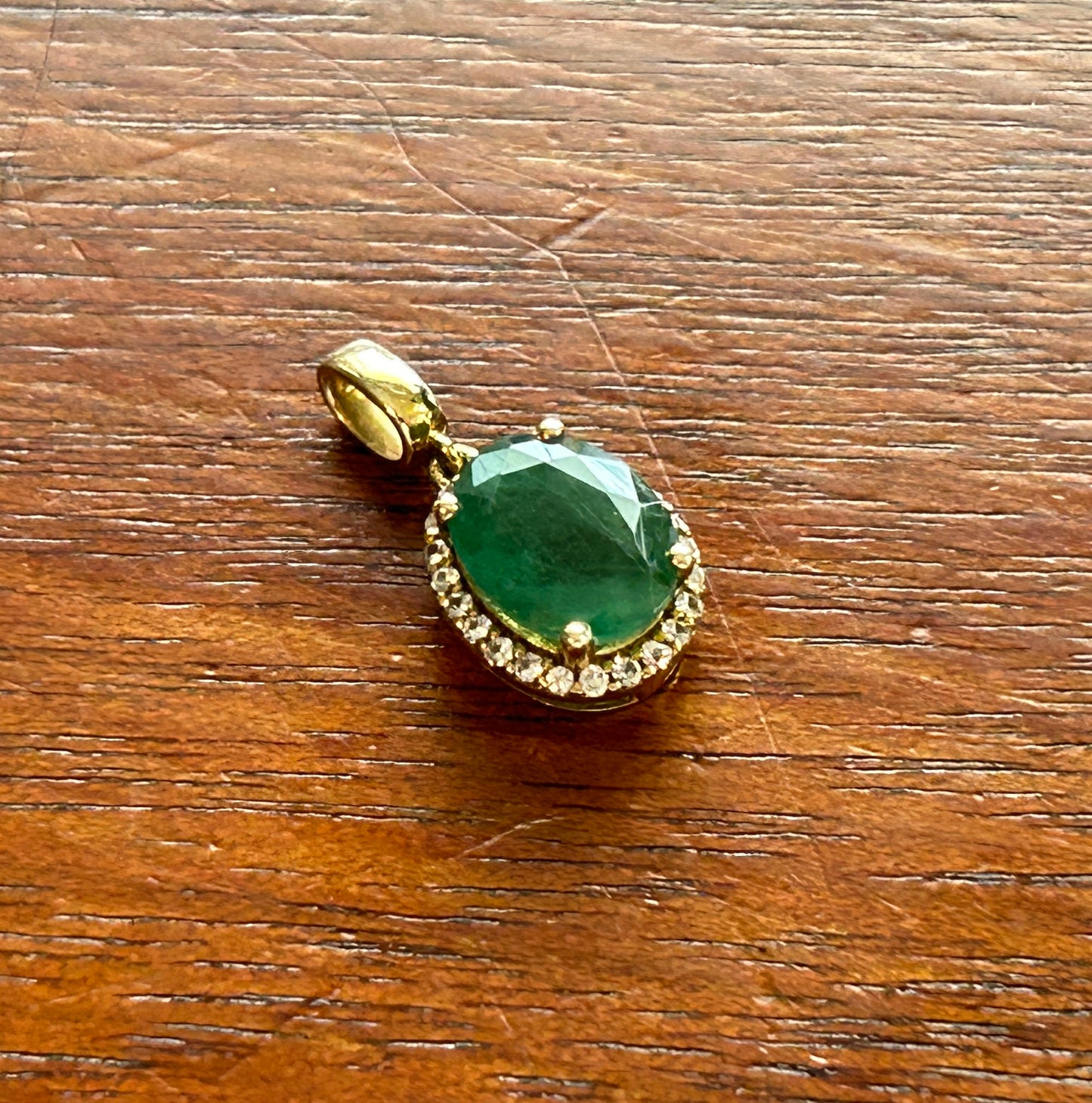 Macys SJM 10k Yellow Gold Emerald Diamond Halo Necklace Pendant