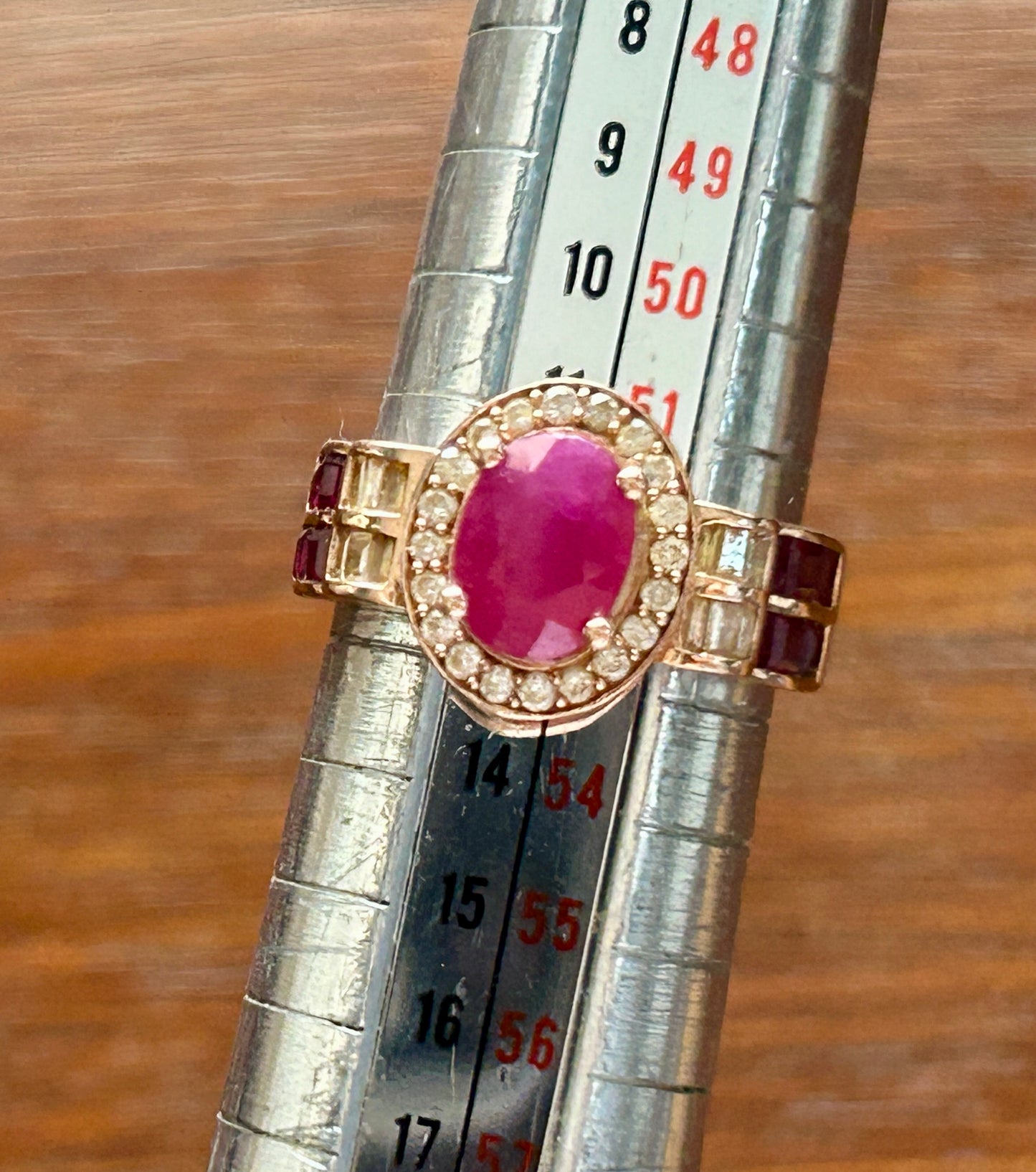 14k Rose Gold Oval Cut Red Ruby Diamond Halo Ring Sz 6