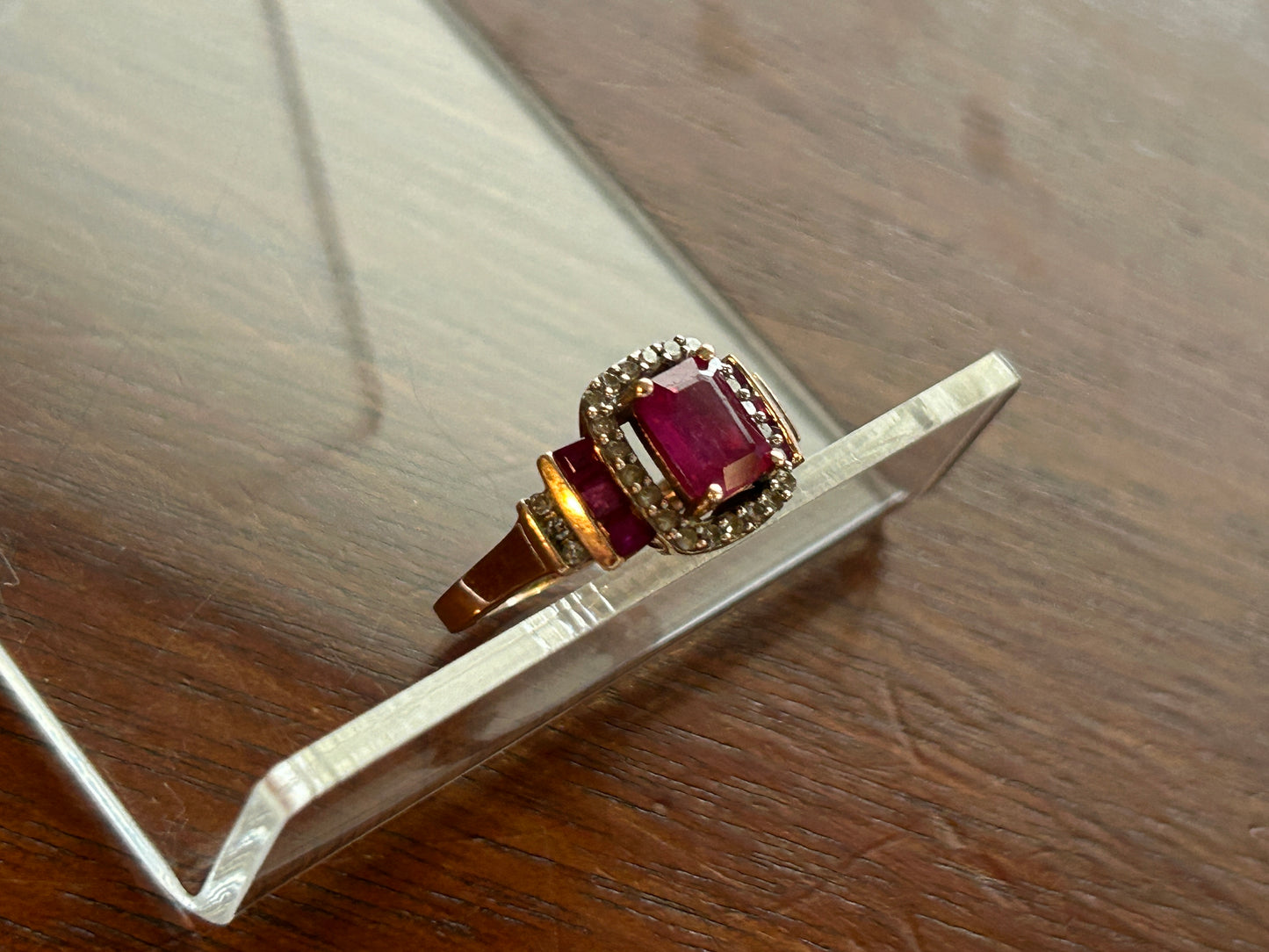 14k Rose Gold Emerald Cut Red Ruby Diamond Halo Ring Sz 4.5