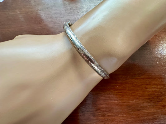Vintage Sterling Silver 925 Hollow Domed Etched Bangle Bracelet Safety Chain