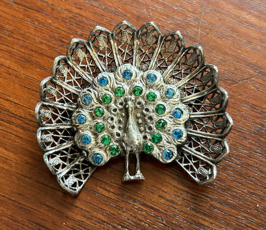 Vintage Silver Tone Filigree Peacock Green Blue Rhinestone Brooch Pin