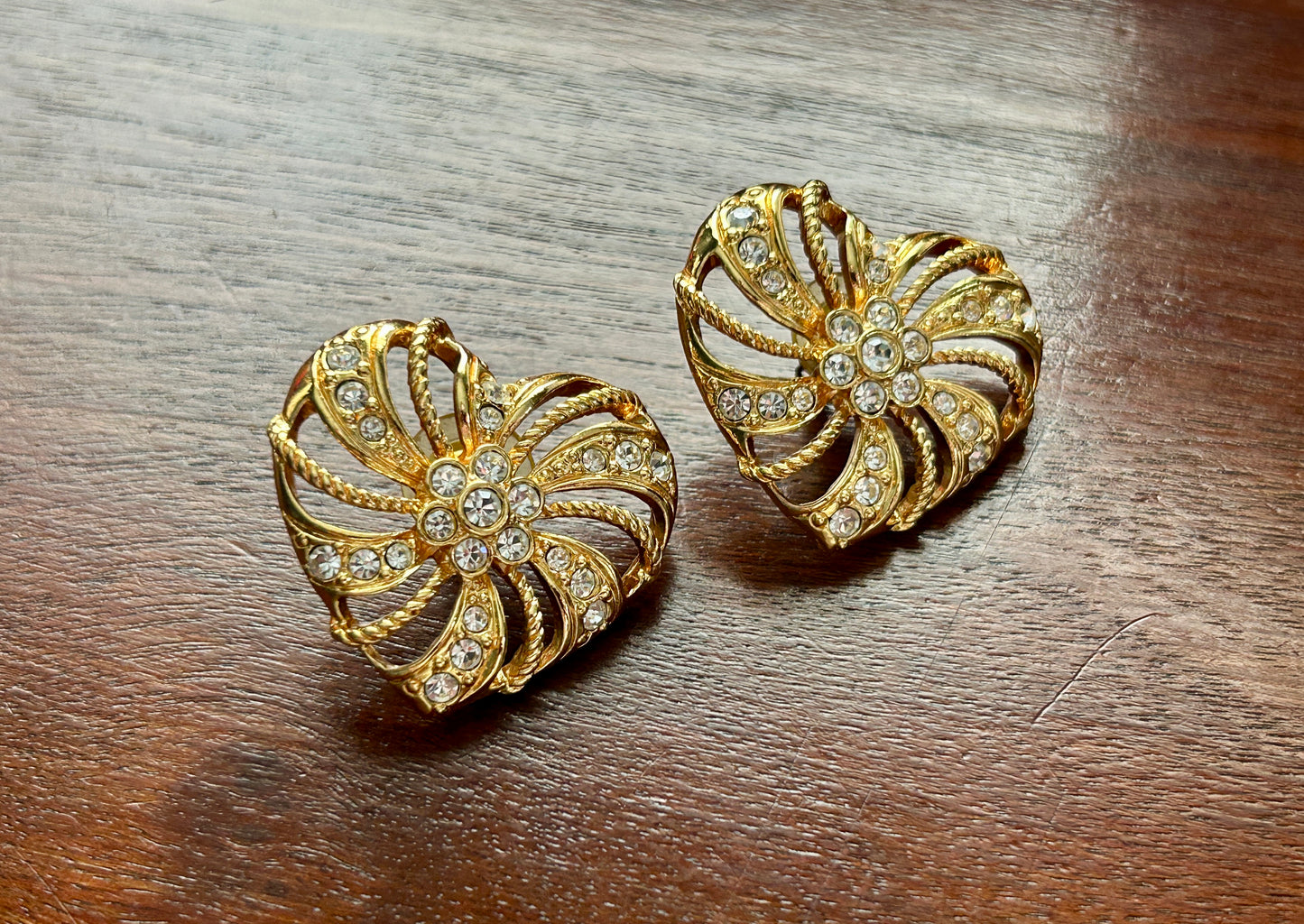 Vintage Large Avon Gold Tone Rhinestone Heart Shaped Open Work Pierced Earrings