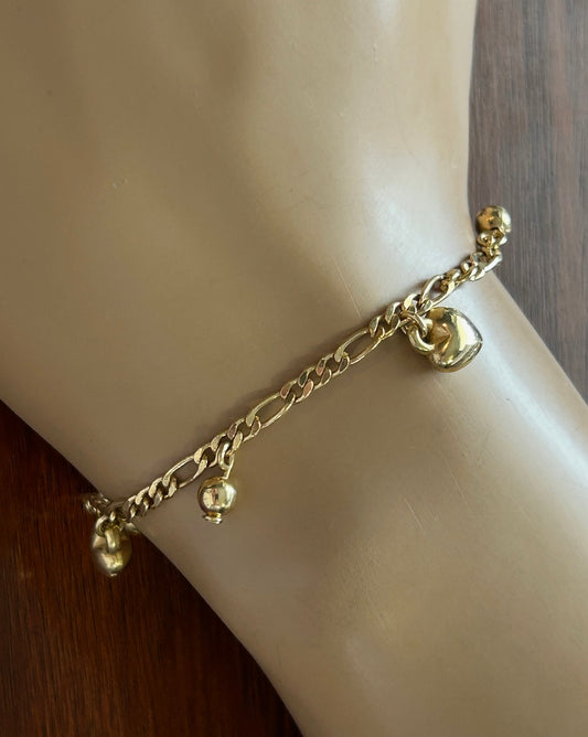 Cute Gold Tone Metal Puffy Heart Ball Bead Charm Chain Link Bracelet