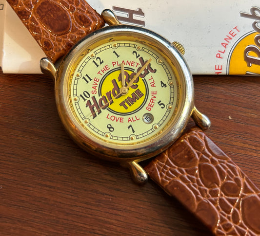 Vintage Hard Rock Cafe Date Watch 36mm Case Brown Straps Love All w BOX