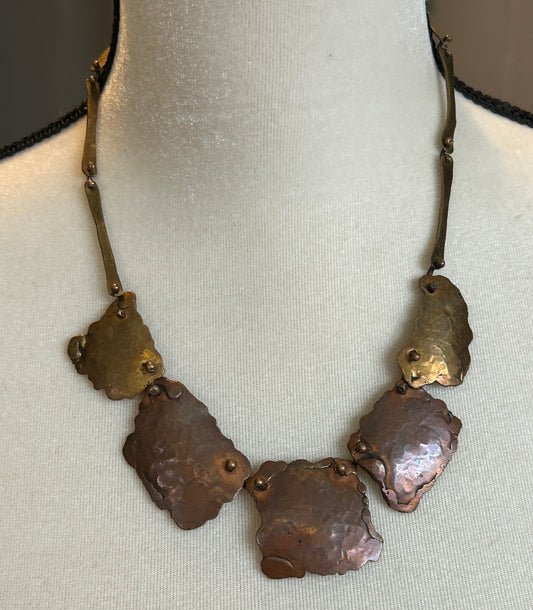 Vintage Hammered Brass Copper Brutalist Necklace