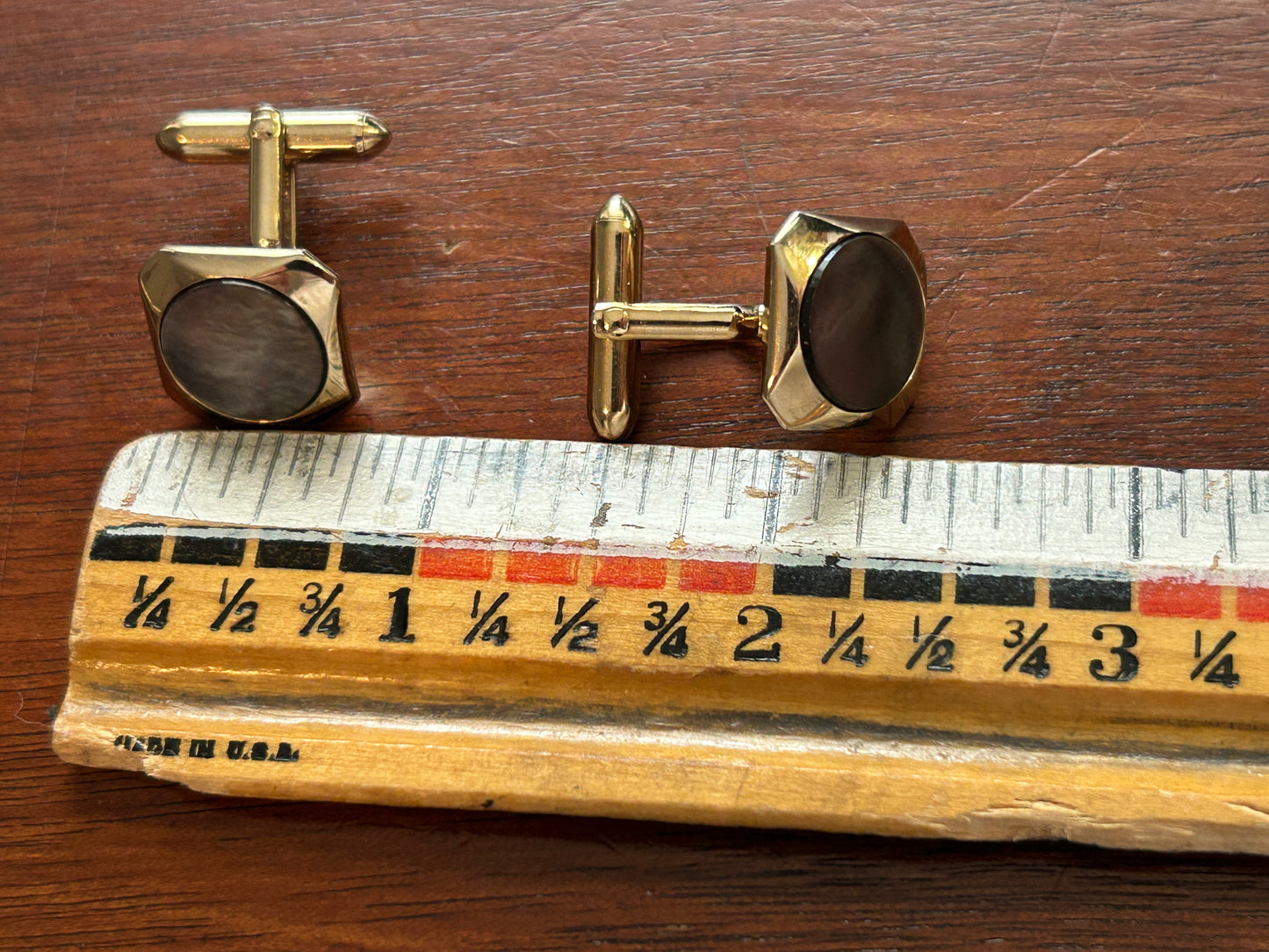 Vintage MCM Swank Gold Tone Abalone Cuff Link Shirt Stud Set