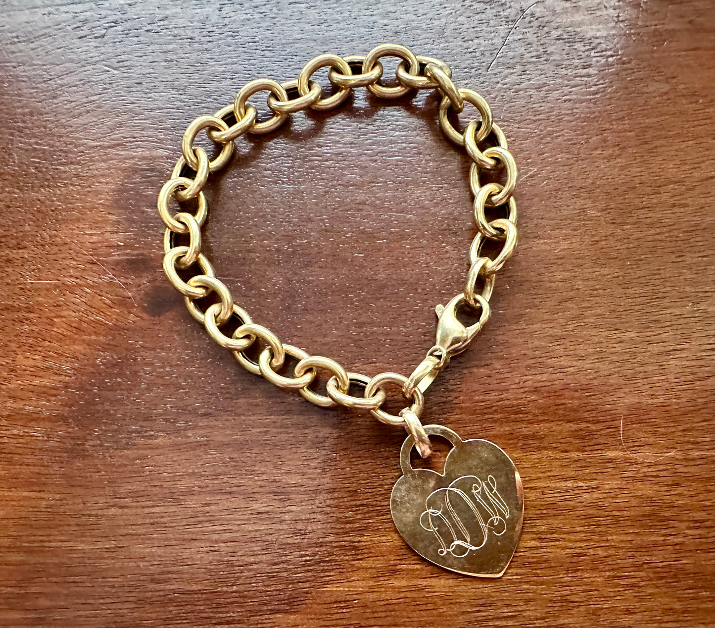 Vintage 14k Yellow Gold Chunky Chain Link Monogrammed Heart Charm Bracelet