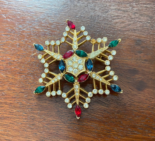 Vintage Multicolor Gold Tone Snowflake Brooch Pin Rhinestones