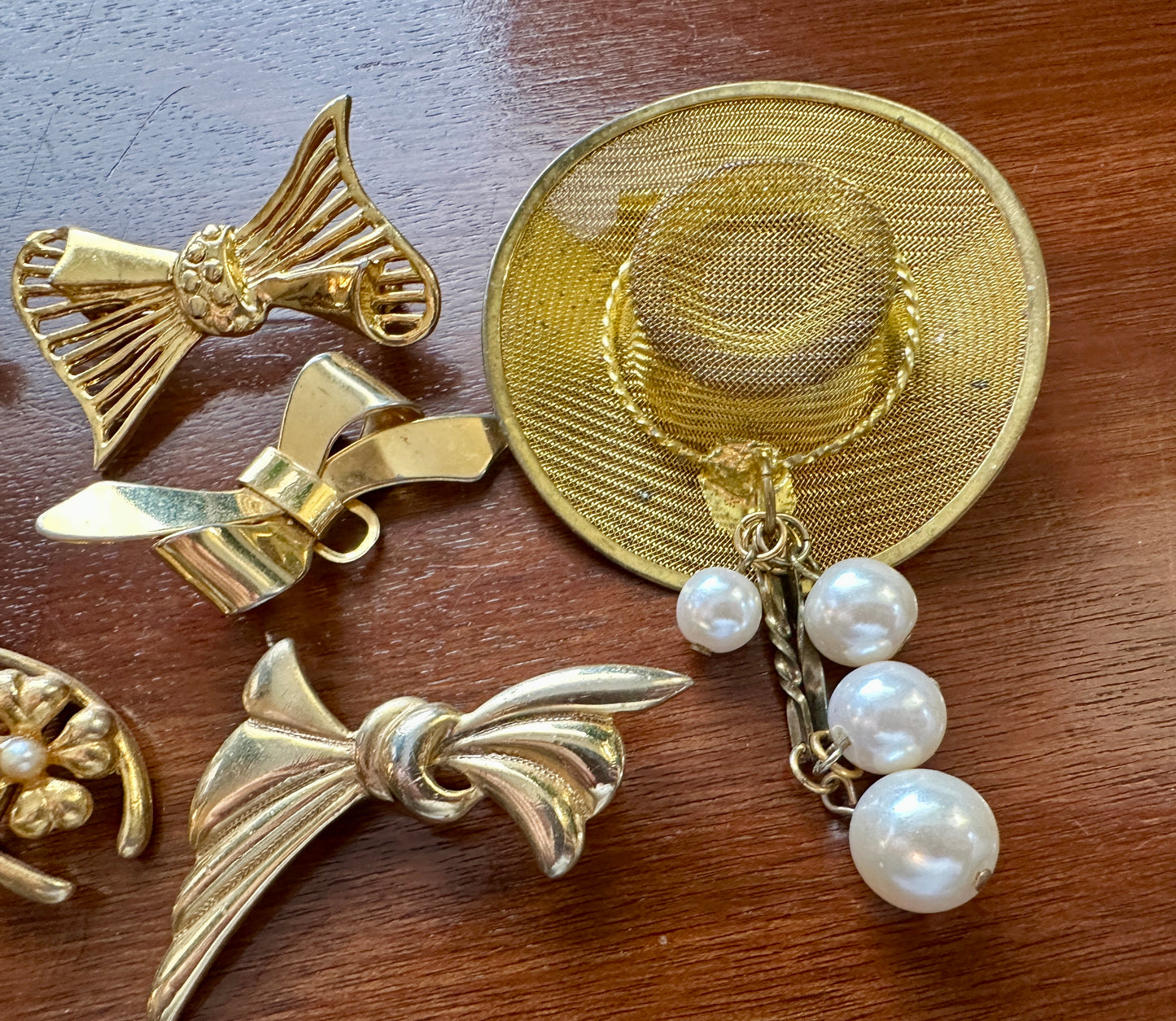 Vintage Gold Tone Sweet Brooch Lot Ribbons Heart Locket Faux Pearl Wishbone More