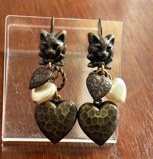 Bronze Tone Faux Pearl Puffy Hammered Heart Cat Kitty Dangly Earrings
