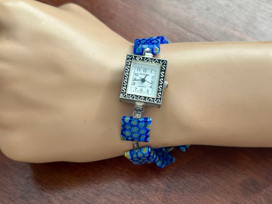 Geneva Blue Glass Millefiori Toggle Clasp Womans Wristwatch Watch Quartz