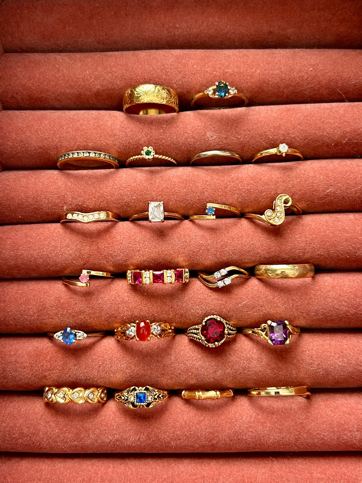 Vintage to Now Ring Lot Cocktail Avon Rhinestone Gold Tone Bands Rings CZ Heart