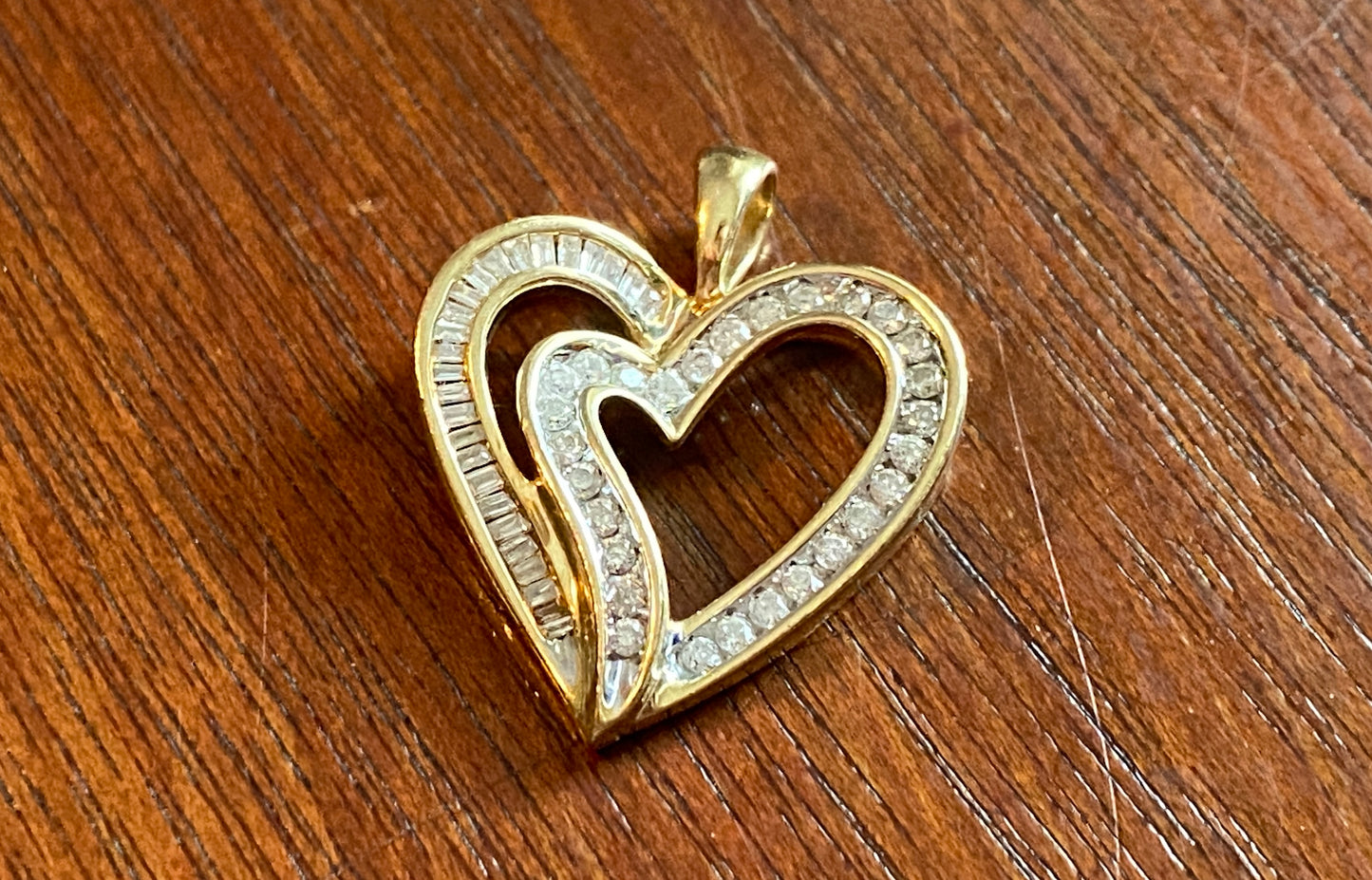 10k Yellow Gold Baguette Round .50ctw Diamond Heart Pendant Signed SUN