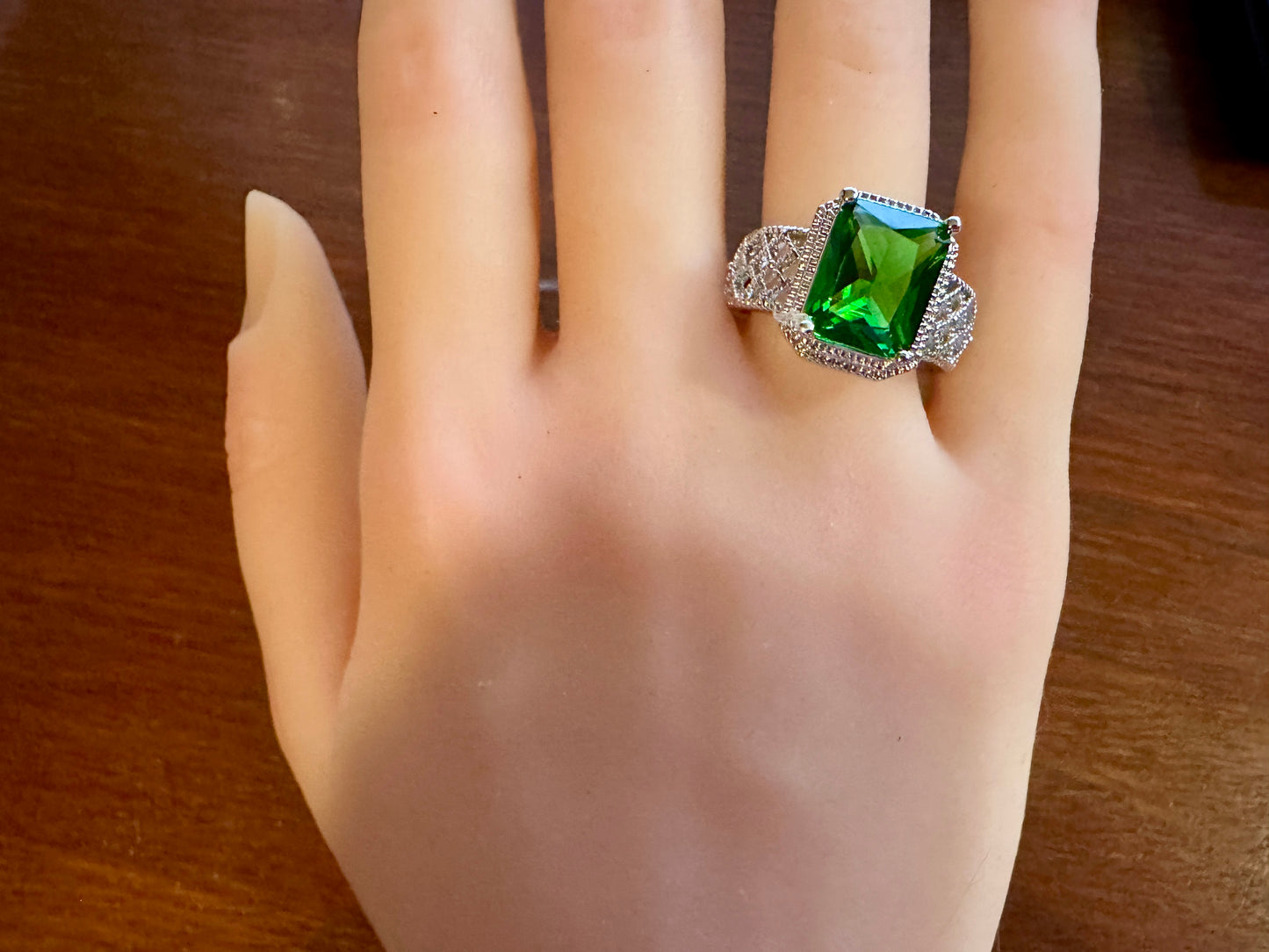 Silver Tone Emerald Cut Green Cubic Zirconia Ring Sz 11