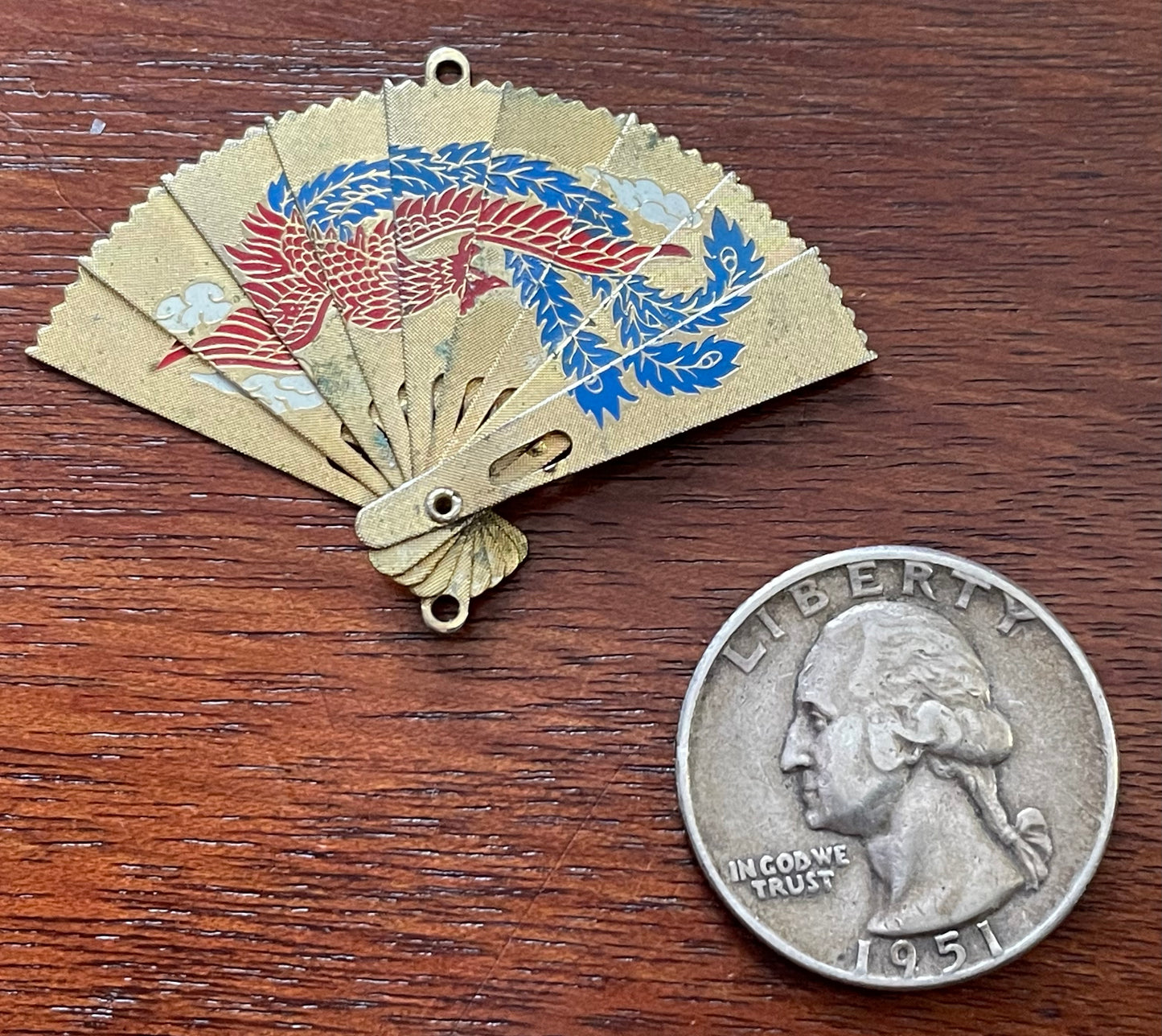 Vintage Gold Tone Folding Fan Phoenix Necklace Pendant