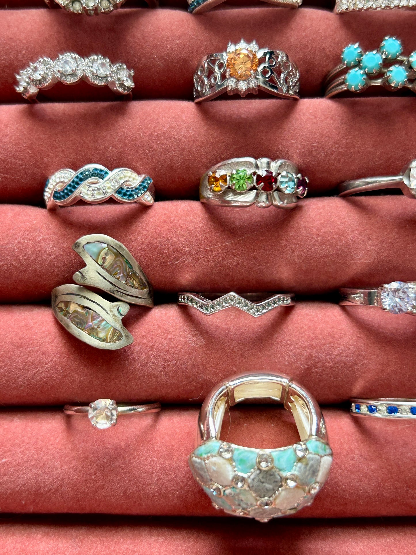 Lot of 23 Costume Rings Vintage to Now Gold Plate Rhinestones Bands Faux Stones