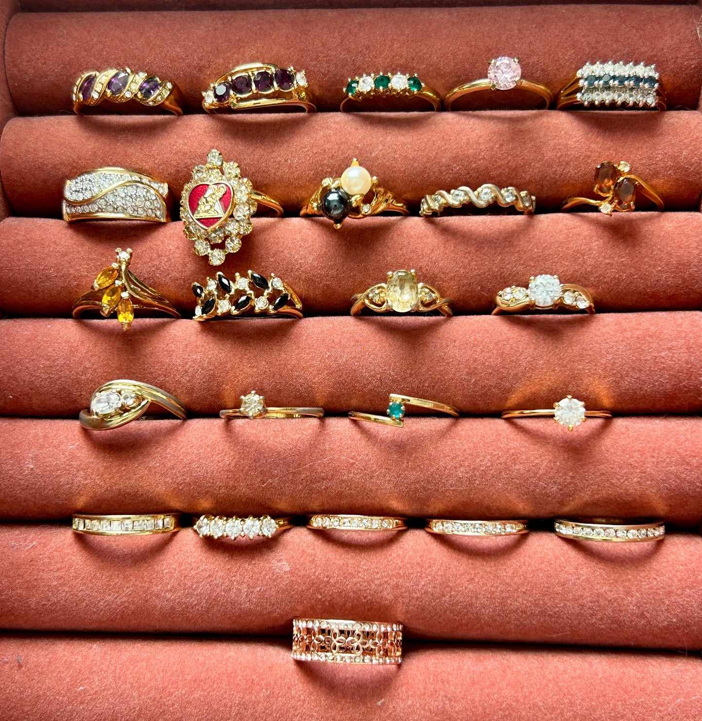 Lot of 24 Vintage to Now Gold Tone Plate Rings Rhinestone Engagement Bands Stone